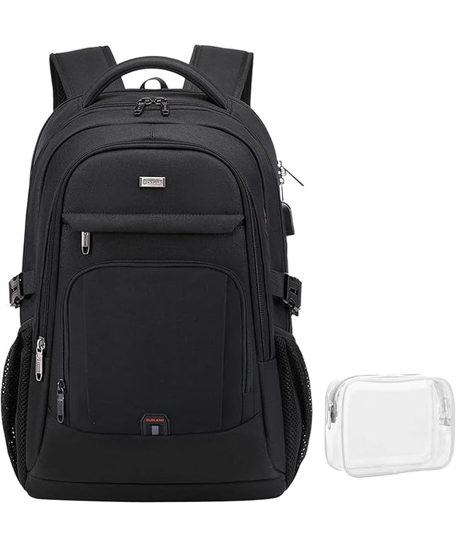 DUSLANG 17 Inch Laptop Backpack for Travel Water Resistant College Backpack for Men Women Laptop Bag with USB Charging Port Clear Cosmetic Bag,Black