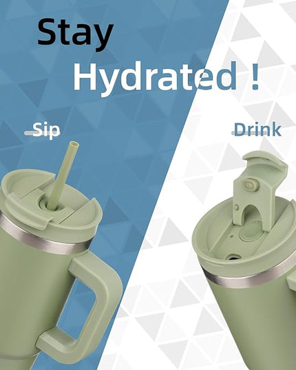 30 oz Tumbler with Handle and 2 Straws,2 in 1 Lid Insulated Water Bottle Stainless Steel Travel Coffee Mug,Army Green