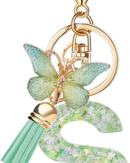 Fashion Alphabet Initial Letter Keychain Tassel Butterfly Pendant Key Ring for Purse Handbags Women Girl