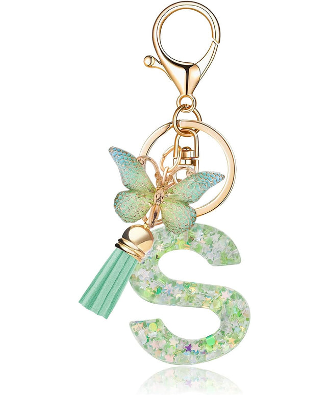 Fashion Alphabet Initial Letter Keychain Tassel Butterfly Pendant Key Ring for Purse Handbags Women Girl
