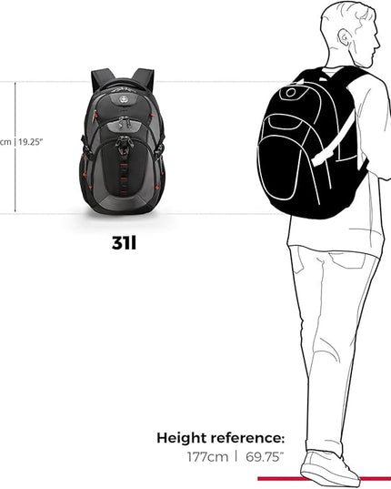 Swissdigital Design Laptop Backpack with USB Charging Port, Travel Backpack Fits 15.6 inches Computer, 31L College School Backpack for Men, Black/Grey | SD803-02