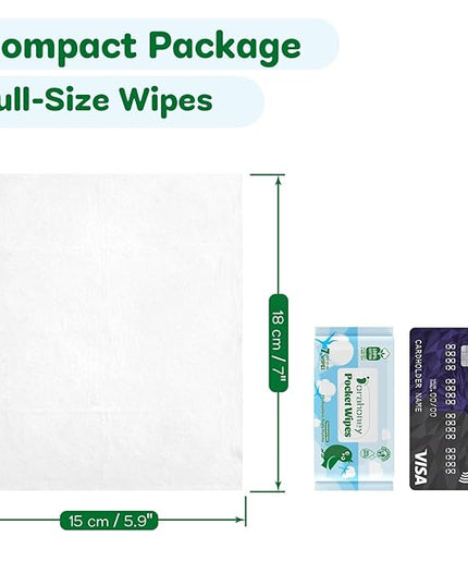 100% Cotton Travel Wipes for Sensitive Skin, 99% Water Hypoallergenic Mini Wet Wipes, Unscented Pocket Wipes Travel Essentials for Adults, Kids & Baby Care, 168 Count (24 Packs of 7)