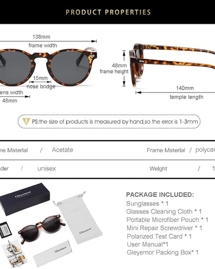 Gleyemor Vintage Polarized Sunglasses for Men Round Sunglasses UV400 Protection Retro Hand-crafted Acetate Frame