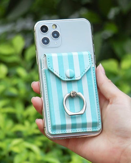 Cell Phone Card Holder RFID Ring Stand Stick on Wallet Card Holder for Back of Phone for iPhone Android and All Smartphones Green Striped