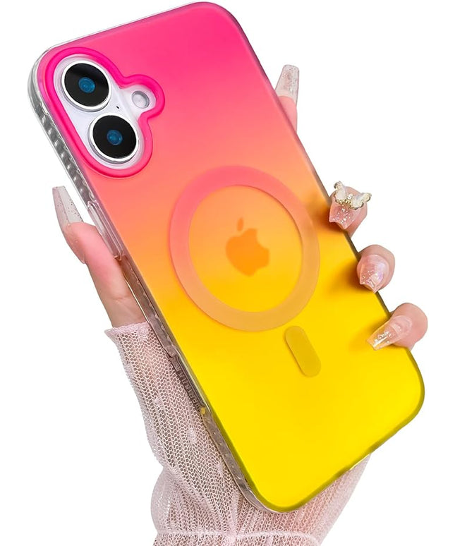 Aesthetic Case for iPhone 16 Plus Case for Women Girls, Compatible with Magsafe, Cute Girly Trendy Glitter Sparkly Rainbow Magnetic Protective Phone Cover, Matte Iridescent Red & Yellow