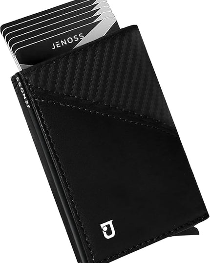 Jenoss Smart Wallet For Men: Full Grain Leather, Handcrafted, Slide Metal Pop Up Case, Slim RFID Blocking Credit Card Holder, Minimalist Compact 12 Cards Slot Organizers ID Money Clip (Black & Carbon)