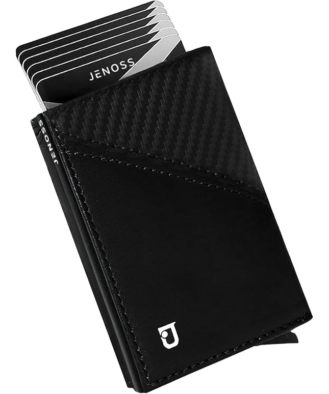 Jenoss Smart Wallet For Men: Full Grain Leather, Handcrafted, Slide Metal Pop Up Case, Slim RFID Blocking Credit Card Holder, Minimalist Compact 12 Cards Slot Organizers ID Money Clip (Black & Carbon)