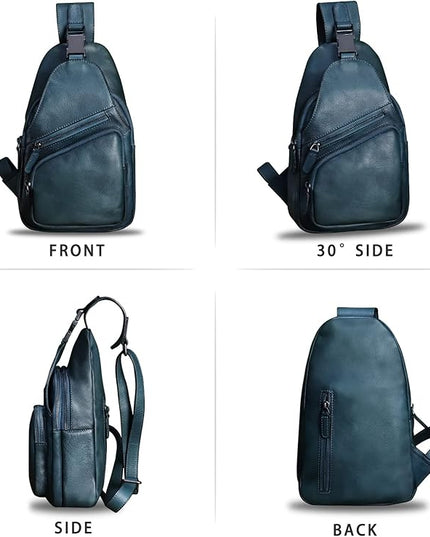 Genuine Leather Sling Bag Crossbody Purse Handmade Hiking Daypack Motorcycle Bag Retro Shoulder Backpack Vintage Chest Bag (NavyBlue)