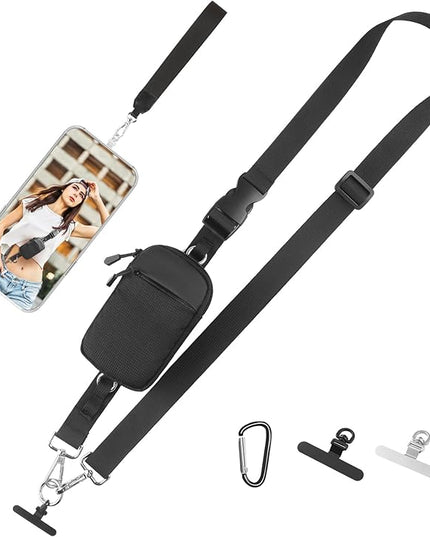 Phone Strap Crossbody Wrist strap - Upgraded Hands-Free Phone Lanyard with Detachable Wallet, Anti-Drop Clip and Go Strap with 360° Rotatable Metal Phone Tabs, Compatible with All Phones (Black)