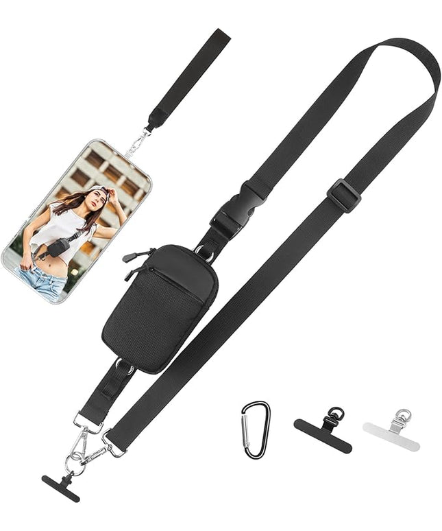 Phone Strap Crossbody Wrist strap - Upgraded Hands-Free Phone Lanyard with Detachable Wallet, Anti-Drop Clip and Go Strap with 360° Rotatable Metal Phone Tabs, Compatible with All Phones (Black)