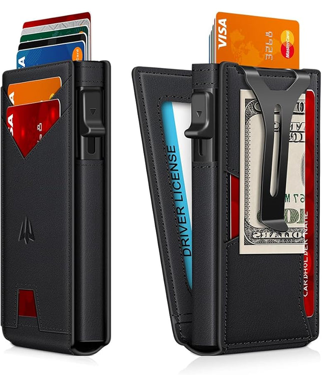 Ruiici Wallet for Men, Slim Minimalist Wallet with Money Clip＆ID Window, RFID Blocking Pop-Up Credit Card Holder, Smart Auminum Mens Wallet Holds 9-13 Cards (Gift Box) (Black)