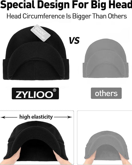 Zylioo Oversize Beanie Hats, XXL Big Size Ribbed Knit Cuffed Winter Hat for Cold Weather, Warm Skull Watch Cap