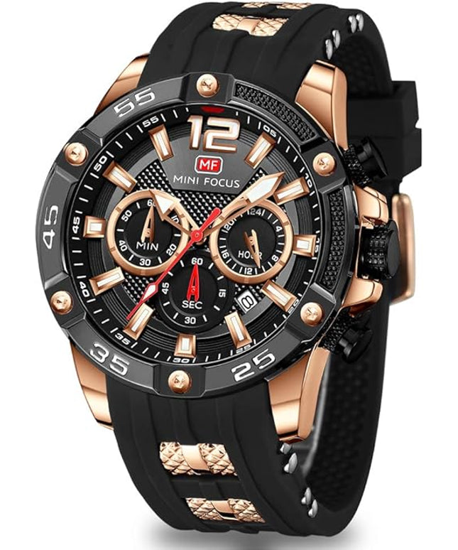 MF MINI FOCUS Men Watches Unique Casual Wrist Watches (Chronograph/Waterproof/Luminous/Calendar/24 Hours) Silicon Band Fashion Watches for Men