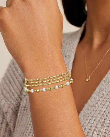 Gold Beaded Bracelets for Women, 14K Real Gold Plated Jewelry for Women Dainty Pearl Bead Bracelets Stack, Non Tarnish Trendy Stackable Ball Cross Stretch Bracelet Set Fashion Accessories Gifts