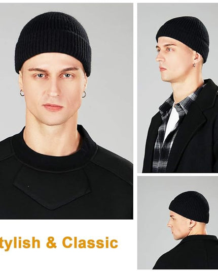 3 Pack Wool Fisherman Beanies for Men, Short Knit Watch Cap Cuffed Trawler Hats