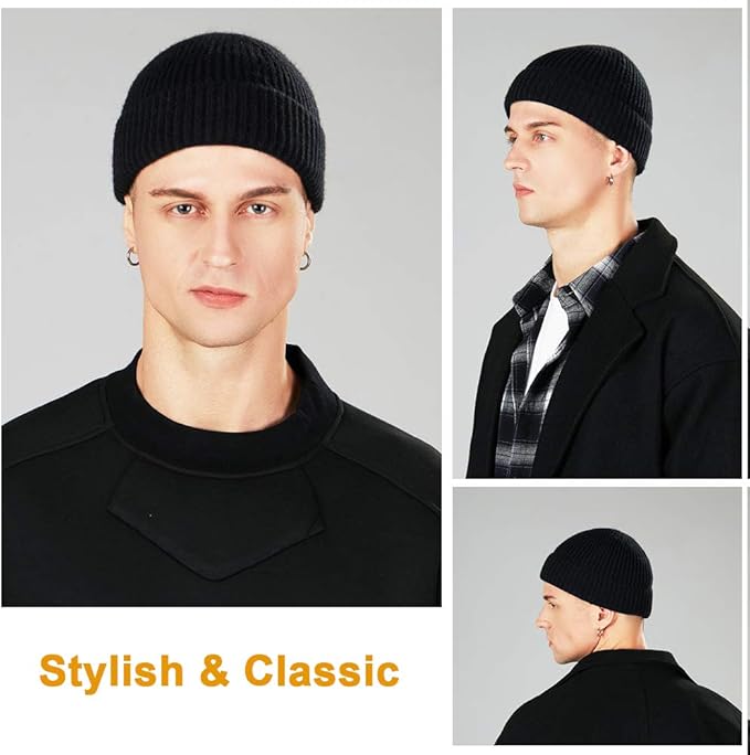 3 Pack Wool Fisherman Beanies for Men, Short Knit Watch Cap Cuffed Trawler Hats