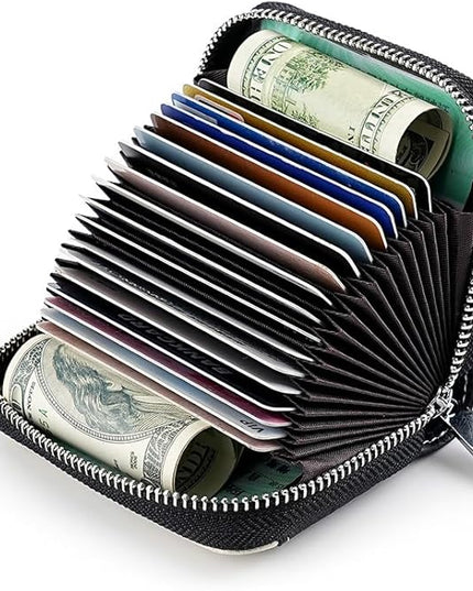 Linno RFID 20 Slots Credit Card Holder Genuine Leather Small Wallet for Women or Men with Zipper