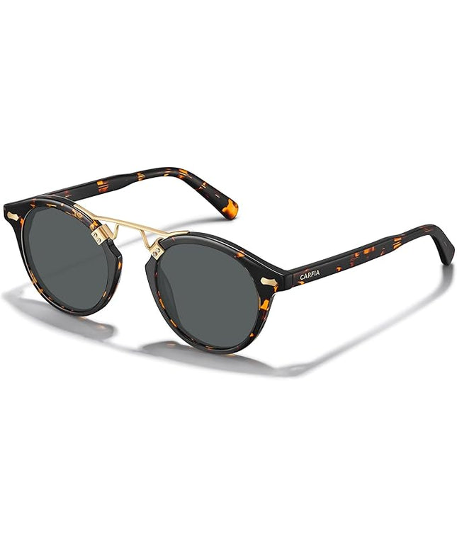 CARFIA Small Face Acetate Polarized Sunglasses for Women UV Protection, Retro Double Bridge Eyewears Metal Brow Round Sunnies