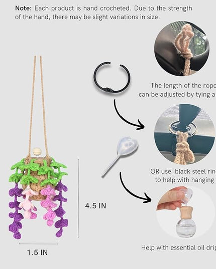 Handmade Crochet Hanging Car Air Freshener - Botanical Wisteria Blossom Design with 12ml Refillable Glass Essential Oil Bottle, Long-Lasting Car Diffuser & Nature-Inspired Decor