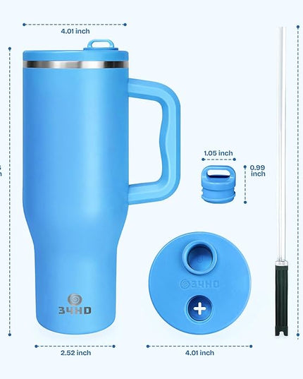 34HD 40 oz Stainless Steel Tumbler - Leakproof Insulated Water Bottle with Handle, Magnetic Lid and Flexible Straw - Iced for 48 Hours – Perfect for Men, Women, Birthday Gift, Blue - Ocean Breeze