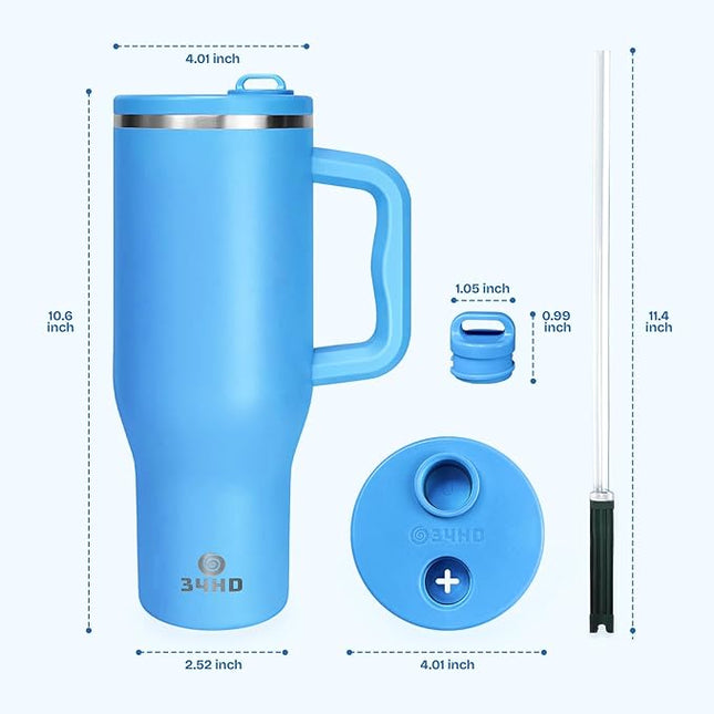 34HD 40 oz Stainless Steel Tumbler - Leakproof Insulated Water Bottle with Handle, Magnetic Lid and Flexible Straw - Iced for 48 Hours – Perfect for Men, Women, Birthday Gift, Blue - Ocean Breeze