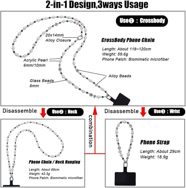Phone Crossbody Strap, 2in1 Wrist Charm&Shoulder Lanyard,3Ways Usage Free to Assembly and Disassembly Phone Strap with Tether Patches for Most Phones Bag Purse (R)