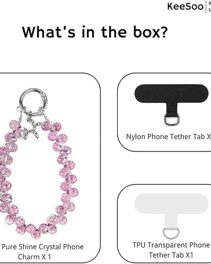 Pink Pure Shine Crystal Original Design Phone Charm with 2 Tether Tabs – Stylish, Durable, and Hands-Free Phone Chain – Compatible with iPhone, Samsung, Pixel & More