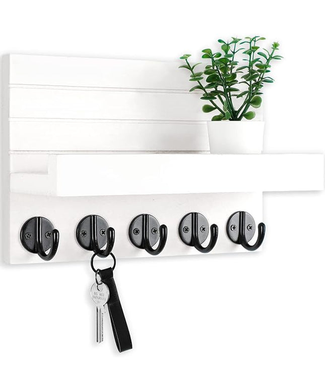 Lwenki Key Holder for Wall, Decorative Key and Mail Holder with Shelf Has Large Key Hooks for Bags, Coats, Umbrella – Paulownia Wood Key Hanger with Mounting Hardware (9.8”W x 6.7”H x 4.2”D)