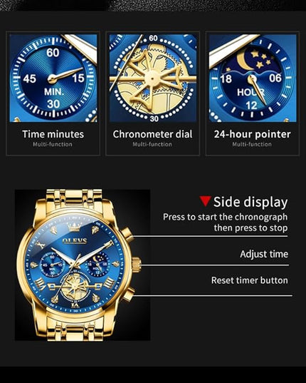 OLEVS Mens Watches Chronograph Watch Luxury Dress Stainless Steel Waterproof Watches for Men Moon Phase Luminous Business Calendar Wrist Watch Blue/Black/Green/Gold/Face