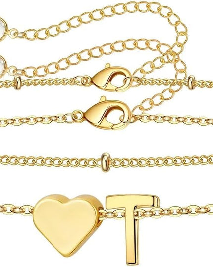 M MOOHAM Valentines Day Gifts for Kids Teen Girls -14K-Gold-Plated Heart Initial A-Z Bracelets for Women Girl Dainty Gold Bracelets Birthday Valentines Gifts for Women Her Teenage Girls Kid Teen Gift