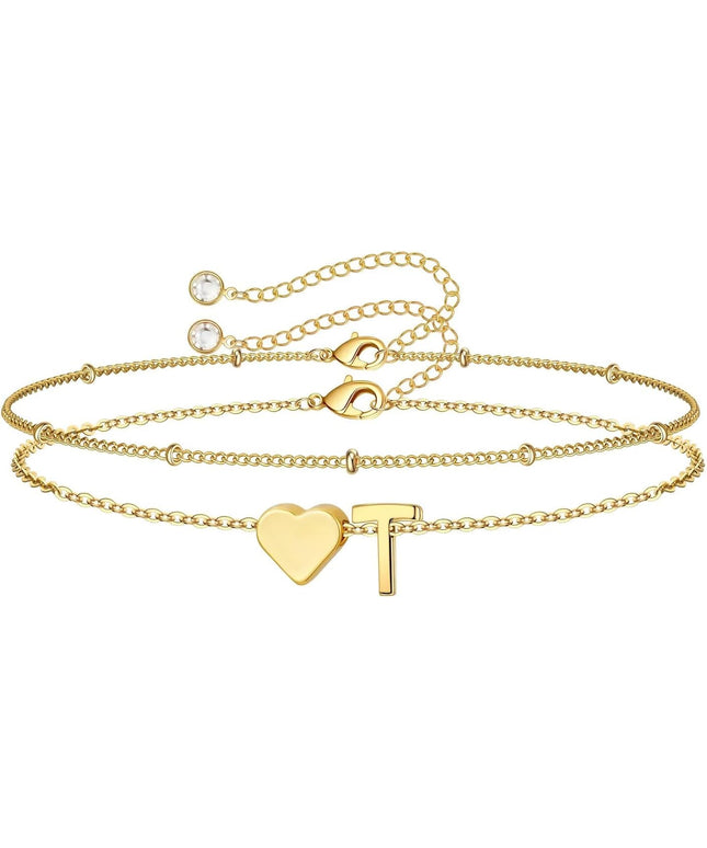 M MOOHAM Valentines Day Gifts for Kids Teen Girls -14K-Gold-Plated Heart Initial A-Z Bracelets for Women Girl Dainty Gold Bracelets Birthday Valentines Gifts for Women Her Teenage Girls Kid Teen Gift