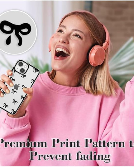 Designed for iPhone Case,Clear Cute Ribbon Bowknot Pattern Aesthetic Transparent Phone Case Raised Camera Protection Stylish Slim Soft Phone Case (Black,iPhone 15 Plus)