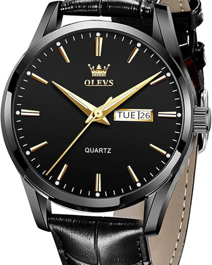 OLEVS Watches for Men Brown Leather Gold Case Analog Quartz Fashion Business Dress Watch Day Date Luminous Waterproof Casual Male Wrist Watches