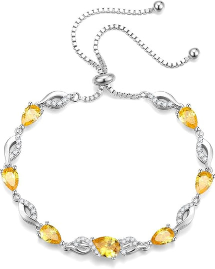 FANCIME Birthstone Teardrop Tennis Bracelet for Women, Sterling Silver 9x7mm main Gemstone Bolo Adjustable Chain Bracelet Fine Jewelry Birthday Gifts for Women Mom Wife Her