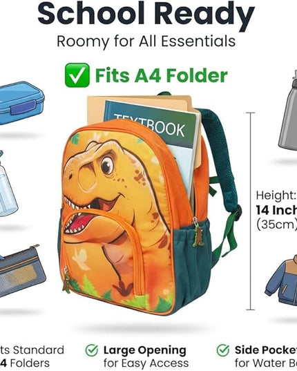 Kids Backpack for Boys and Girls, Kindergarten School Bag with Chest Strap (Orange T-Rex, 14 Inch)