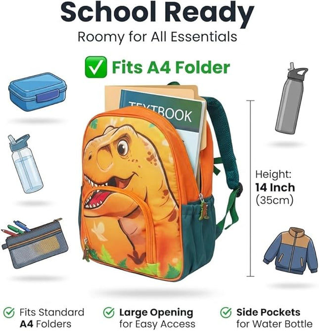 Kids Backpack for Boys and Girls, Kindergarten School Bag with Chest Strap (Orange T-Rex, 14 Inch)