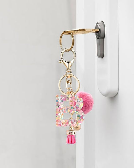 Resin Alphabet Initial Letter Keychain Keyring for Women Purse Handbags With Fur Ball Pom