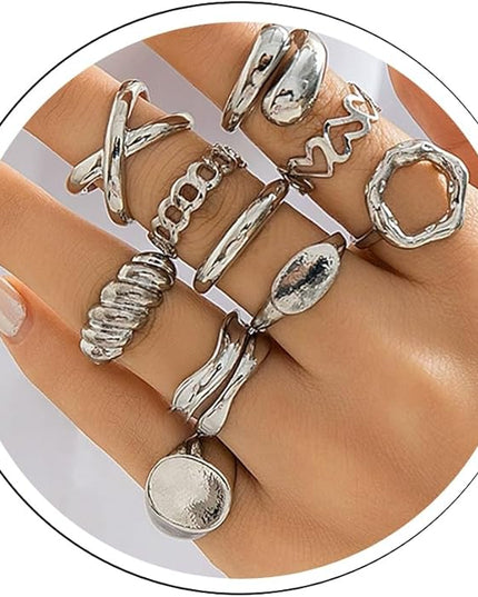GiftInBox Gold Chunky Rings Set for Women Open Stacking Knuckle Ring Adjustable Round Dome Rings Set Minimalist Irregular Statement Women Ring Jewelry Gift