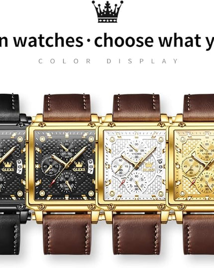 OLEVS Men's Chronograph Leather Watch, Big Face Easy to Read Analog Quartz Dress Watch, Casual Waterproof Luminous Hands Date Watches for Men, White/Blue/Black/Gold Dial