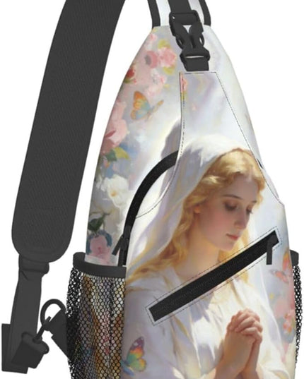 Our Lady of Guadalupe Sling Bag Crossbody Bags Clovers Chest Bag for Travel Hiking for Men Women White Mary 3