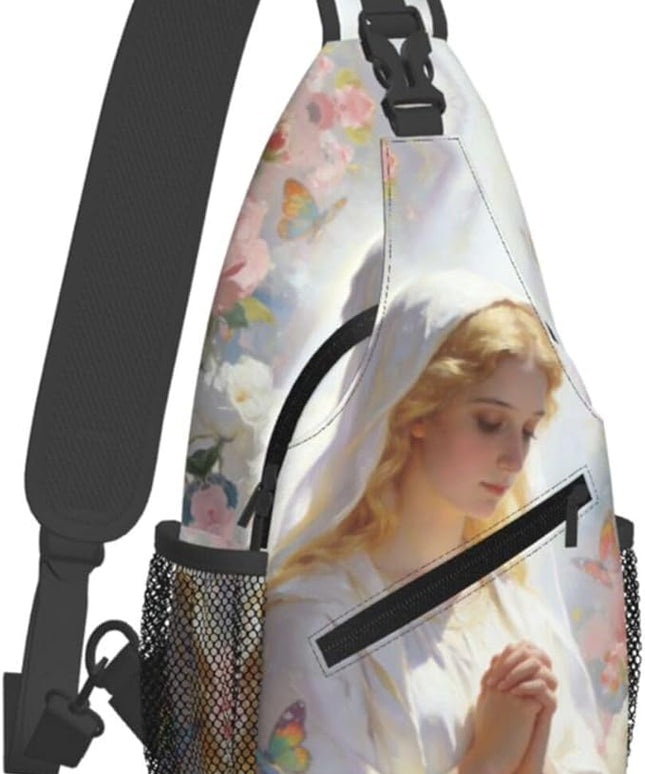 Our Lady of Guadalupe Sling Bag Crossbody Bags Clovers Chest Bag for Travel Hiking for Men Women White Mary 3