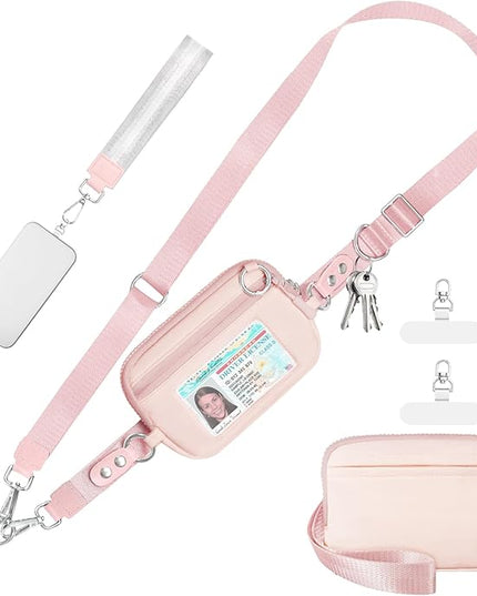 Clip and Go Strap for Phone with Wallet Crossbody Phone Lanyard Adjustable and Detachable RFID Wristlet Wallet with ID Window and Zipper, Pink