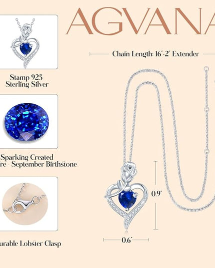 AGVANA Christmas Gifts Rosy Reverie Birthstone Necklace for Women Sterling Silver Genuine or Created Gemstone Rose Flower Heart Pendant Necklace Anniversary Birthday Gifts for Women Mom Wife Her