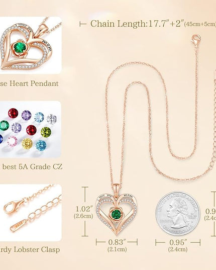 CDE Christmas Gifts for Women S925 Silver Rose Gold Heart Birthstone Necklaces for Women，Ideal Anniversary or Birthday Jewelry Gifts for Wife Girlfriend Her