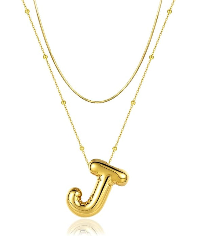 LUCA SMITH Initial Necklaces for Women, Dainty Balloon Bubble Letter, Name Letter Alphabet Pendant Layered Choker Chain Jewelry Gift