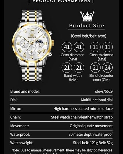 OLEVS Mens Watch Luxury Big Face Stainless Steel Analog Quartz Multifunctional Waterproof Luminous Date Two Tone Fashion Dress Wrist Watches for Man