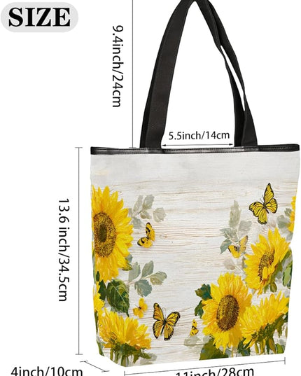 Pardick Canvas Tote Bags, Sunflower Wood Butterfly Tote Bag Eco Friendly Reusable Grocery Shopping Bagsfor Beach, Books, Women with Zipper Inner Pocket