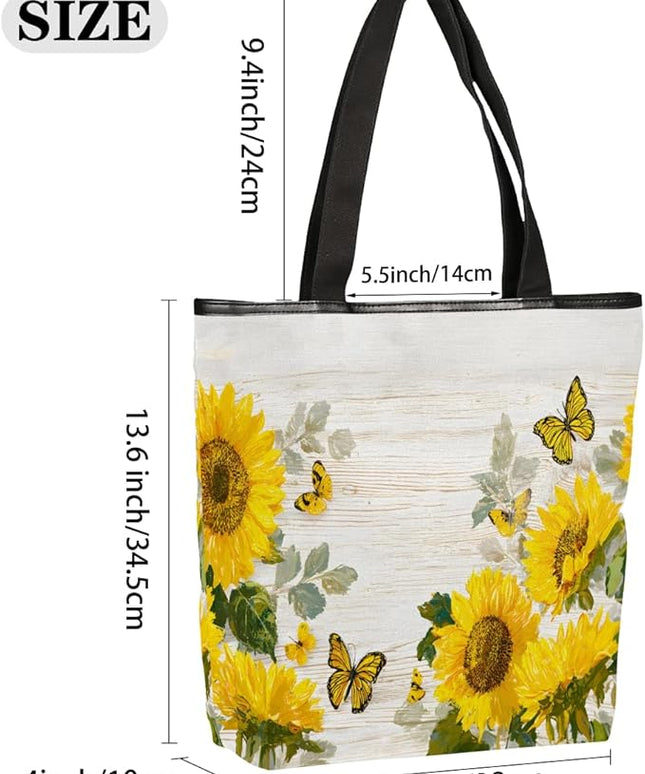 Pardick Canvas Tote Bags, Sunflower Wood Butterfly Tote Bag Eco Friendly Reusable Grocery Shopping Bagsfor Beach, Books, Women with Zipper Inner Pocket