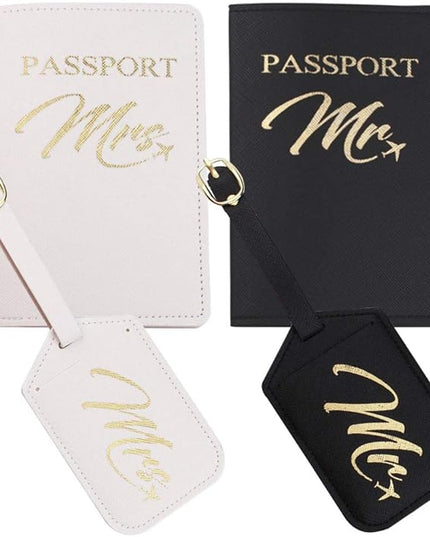 Mr and Mrs Passport Holder and Luggage Tags Set, Wedding and Honeymoon Travel Luggage, Bridal Shower and Engagement Gift