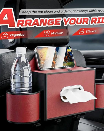 3-in-1 Car Backseat Organizer with Cup Holder, Tissue Box, Trash Bin & Hooks,Multifunctional Back Seat Car Organizer for Hold Phones, Snacks, Drinks, and Handbags (A- Red)